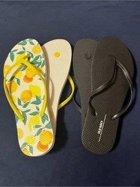 Two Pairs of Old Navy Flip Flops - Citrus Print Yellow & Black